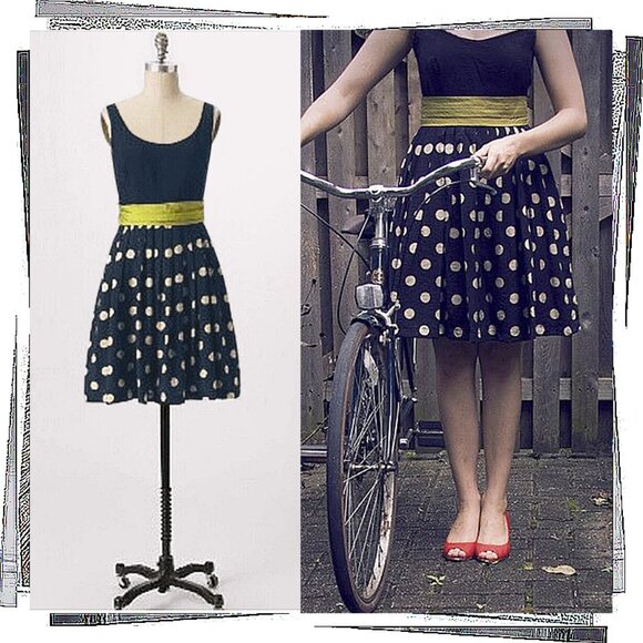 Vintage 2005 Dark Navy Dress w Cream Polka Dots, A Green Sash & Pink Lining (4) - Picture 2 of 5